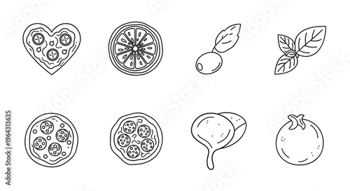 Collection of simple line art icons representing pizza ingredients and variations