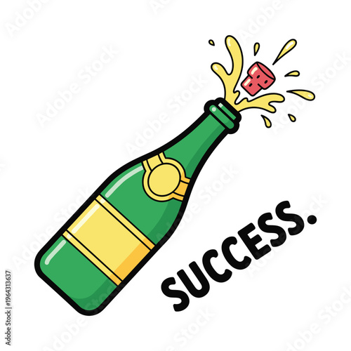 Champagne Bottle Popping Cork and Splashing Liquid with "Success" Text
