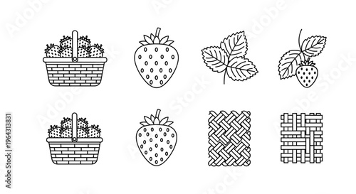 Collection of simple line art icons featuring strawberries and woven patterns