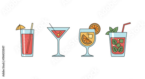 Collection of four colorful flat design cocktails with garnishes and ice