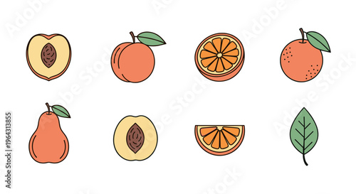 Collection of stylized fruits and leaves in a flat design style