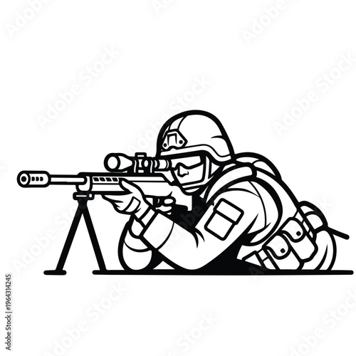 Soldier in tactical gear aiming rifle on tripod isolated