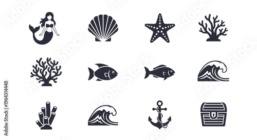 Collection of nautical and marine life icons including mermaid, seashell, and treasure chest