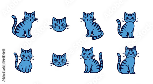 Collection of cute blue cartoon cats in various poses and expressions