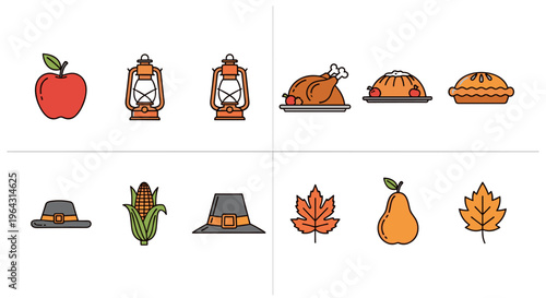 Thanksgiving icons featuring harvest food, autumn leaves, and pilgrim symbols