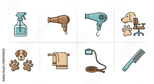 Collection of dog grooming tools and accessories for pet care services