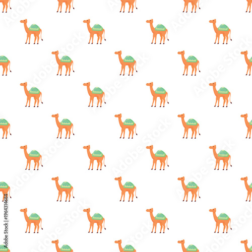 Dromedary camels with green saddle blankets repeating as a fun graphic background