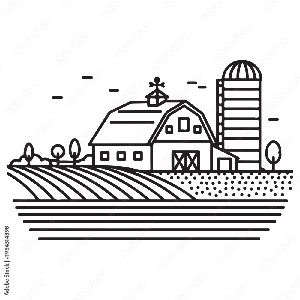Naklejka premium Iconic Farm Barn and Silo with Fields in Minimalist Line Art Style