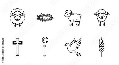 Collection of Christian religious symbols and icons in a simple line art style
