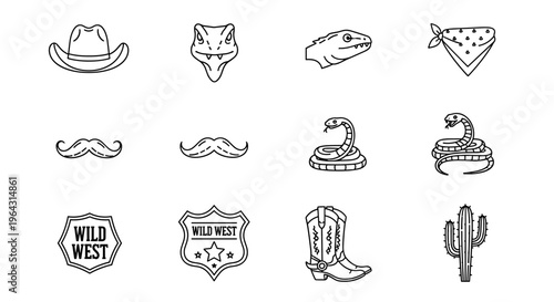 Collection of Wild West themed icons including cowboy hat, mustache, and snake