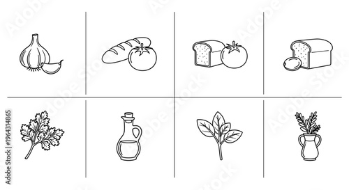 Collection of simple line art icons representing fresh ingredients for cooking and baking