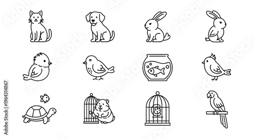 Collection of cute cartoon pet icons in a simple line art style