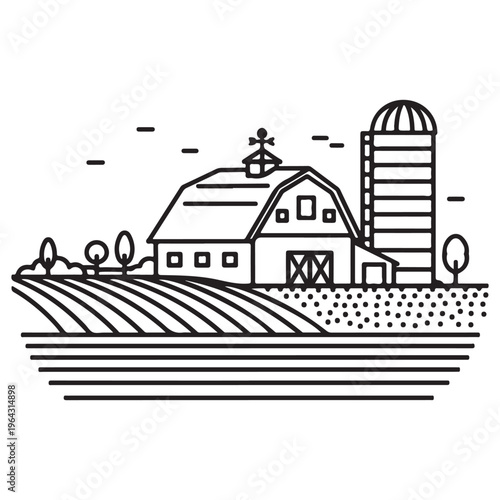 Iconic Farm Barn and Silo with Fields in Minimalist Line Art Style
