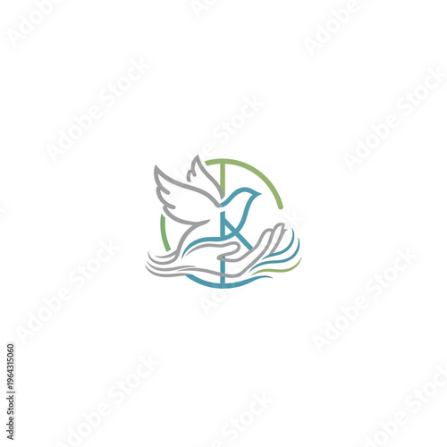 Foto Dove Flying Over Open Hands with Circular Symbol.