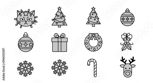 Collection of festive Christmas icons including a grumpy cat and reindeer