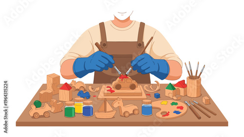 Artisan Crafting: A skilled artisan meticulously paints a wooden toy, his hands guided by passion, transforming simple wood into a cherished creation, showcasing the artistry of woodworking.