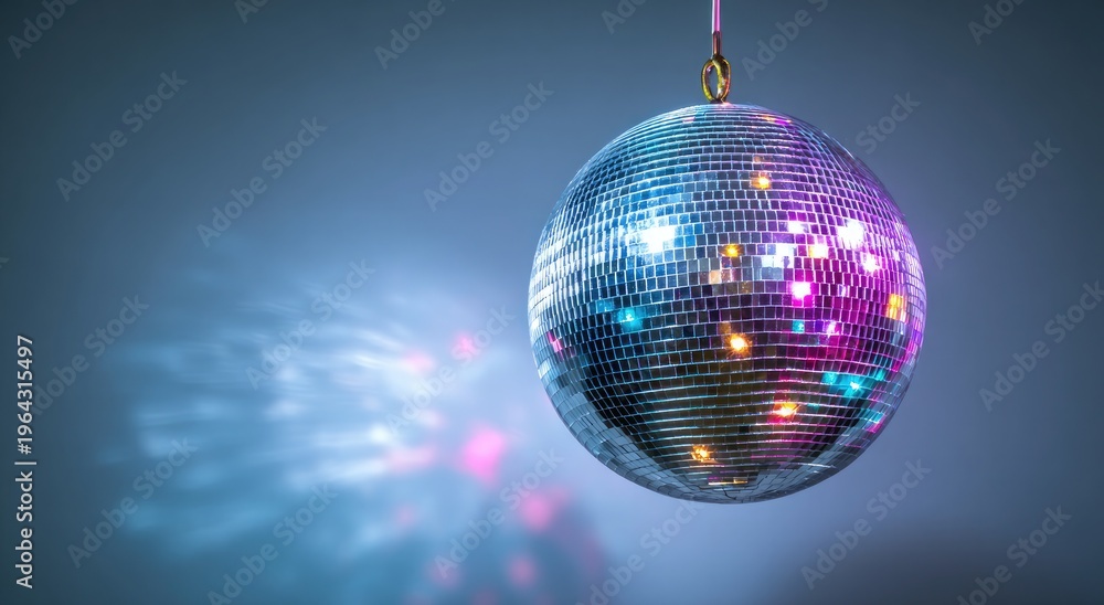 Fototapeta premium Disco Ball Reflecting Colorful Lights on a Gradient Background Party Atmosphere Modern Detail
