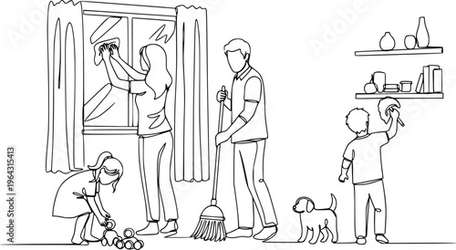 Family Cleaning House Together Continuous Line Drawing Vector Illustration