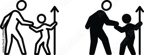 Stick figures of adults guiding children upwards with arrows