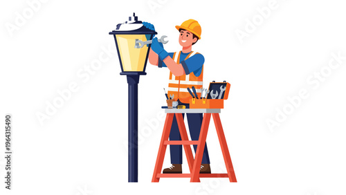 Electrical maintenance worker at work: A skilled electrician diligently works on a street lamp, showcasing a scene of professional precision and commitment.