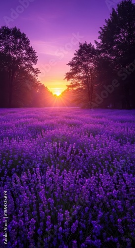 Brilliant sunlight breaks over a vibrant field of purple blossoms bordered by dark foliage.