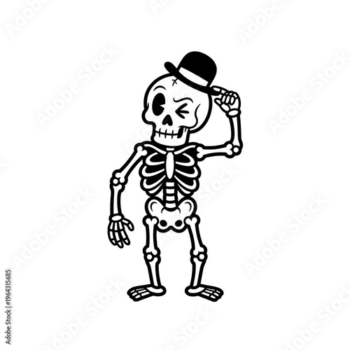 Cartoon Skeleton Wearing a Bowler Hat Tipping It.