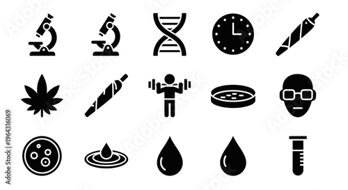 Collection of science and medical icons including DNA, microscope, and cannabis leaf