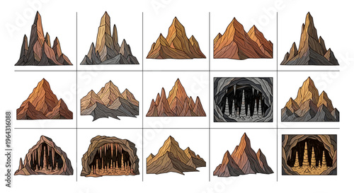 Collection of stylized mountain peaks and cave interiors with stalactites and stalagmites