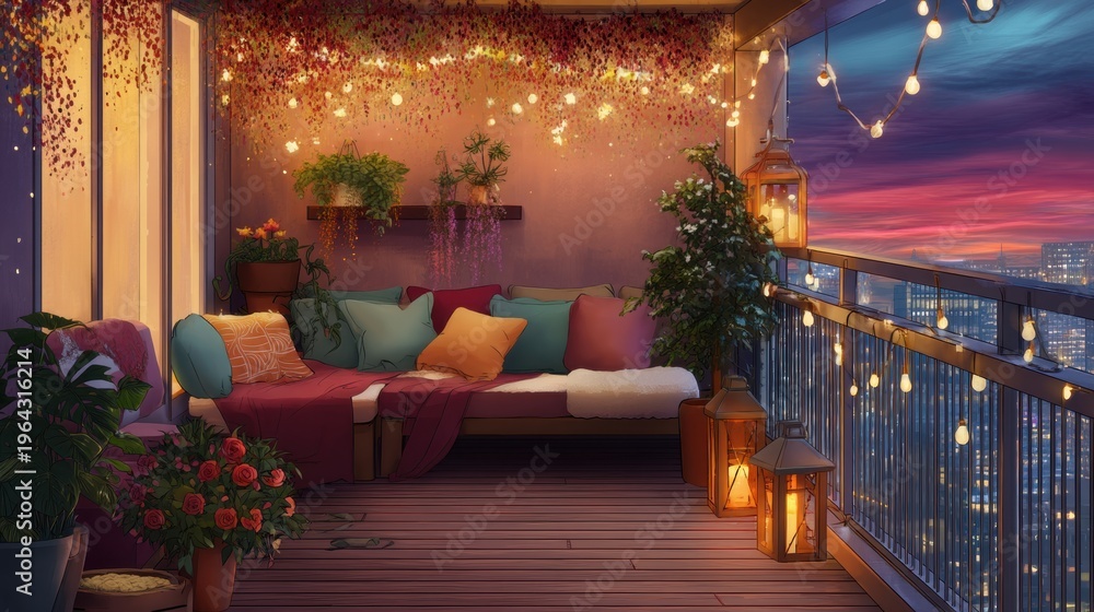 Naklejka premium Cozy balcony decorated with hanging lights and plants at sunset. Relaxing outdoor lounge area with sofa and lanterns. Romantic city terrace overlooking the skyline at twilight.