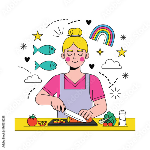 Woman in Apron Chopping Carrot with Fresh Vegetables and Rainbow, Cooking Concept