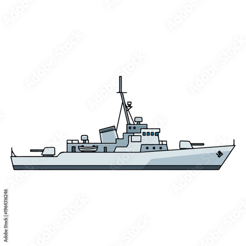 Military naval vessel ship with tower on white background