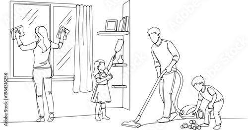 Family Cleaning Home Together Continuous Line Drawing Vector Illustration
