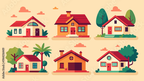 Tableau sur toile Set of colorful flat vector residential house illustrations for suburban real es