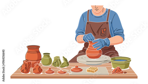 Artisan's Craft in Clay: A skilled artisan meticulously shapes clay on a potter's wheel, surrounded by the tools and finished pottery pieces, capturing the essence of the pottery-making process.