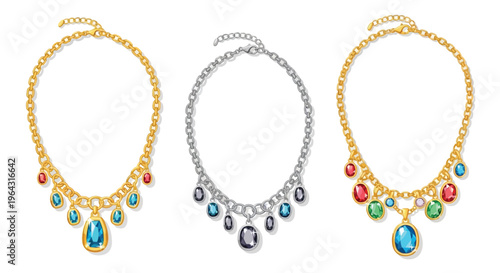 Three ornate necklaces displayed against a clean white background