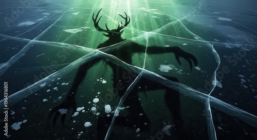 Silhouette of a monstrous deer-headed figure trapped beneath fractured frozen water surface