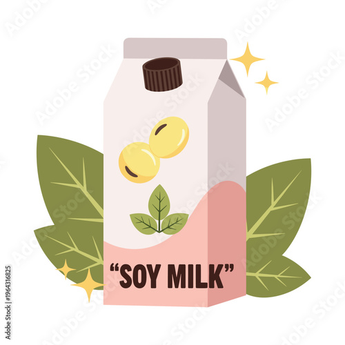 Soy Milk Carton with Soybeans and Leaves - Healthy Plant-Based Drink