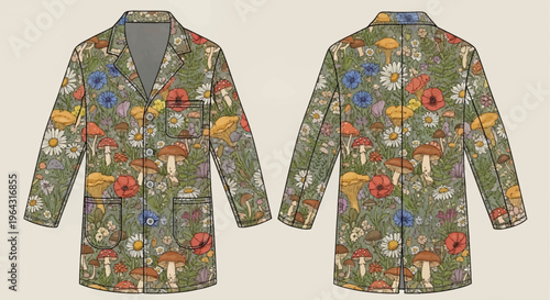 Green Mushroom and Flower Pattern Jacket in Studio Photo Front and Back