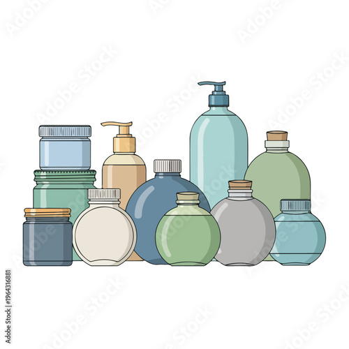 Collection of various cosmetic bottles and jars on white background