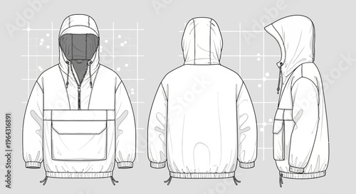 Technical drawing of hooded jacket front view with built‑in bag