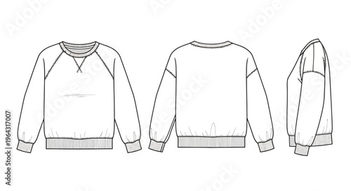  drawing of a sweatshirt showcasing front, back, and side views