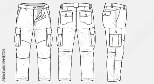  illustration of cargo pants with front, back, and side views for design reference