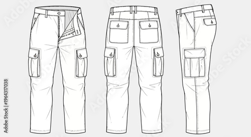 drawing of cargo pants front, back, and side views