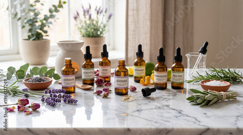 A curated collection of amber dropper bottles containing natural essential oils, accompanied by fresh botanicals and herbs, presented on a bright marble surface.