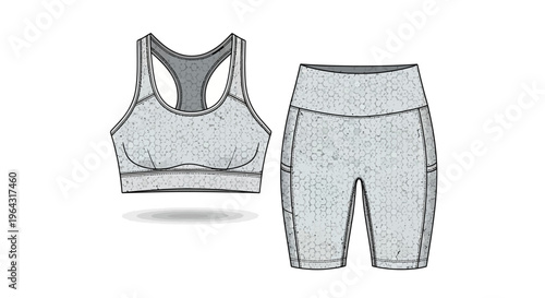 Softly lit illustration of gray sports bra and shorts with subtle texture on white backdrop
