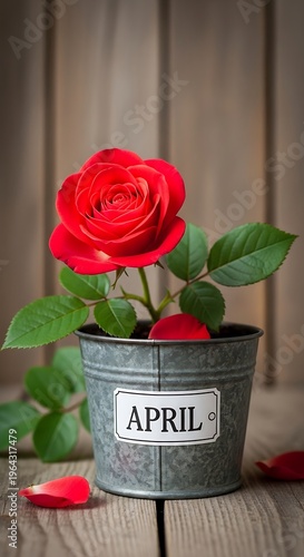 Red Rose in Metal Bucket April.