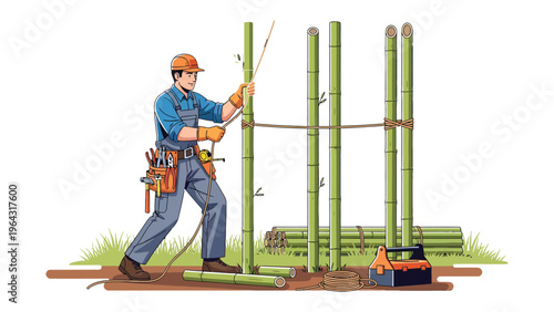 Bamboo Fence Construction: A skilled worker meticulously constructs a bamboo fence, demonstrating a commitment to craftsmanship and sustainability.
