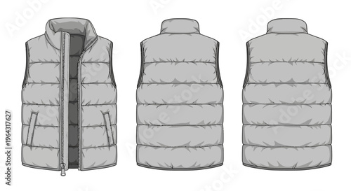 The illustration shows a gray puffer vest from front and back views
