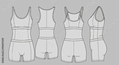Technical Drawing of Women's Athletic Bodysuit with Four Angles on Gray Background for Fashion Design Reference