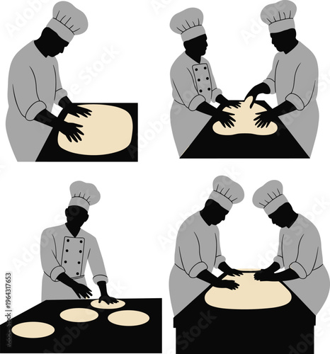 Chefs working with dough vector illustration, kneading shaping flattening bread preparation teamwork, baking cooking process design, culinary art food concept
